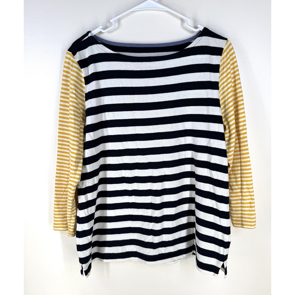 Talbots Authentic Tee Mixed Striped Navy Yellow White 3/4 Sleeves Size Medium - Picture 2 of 7